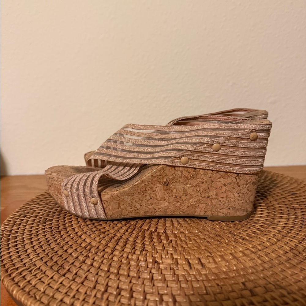 Lucky Brand‎ Tan Glitter Striped Cork Wedge Sandals - Picture 5 of 10